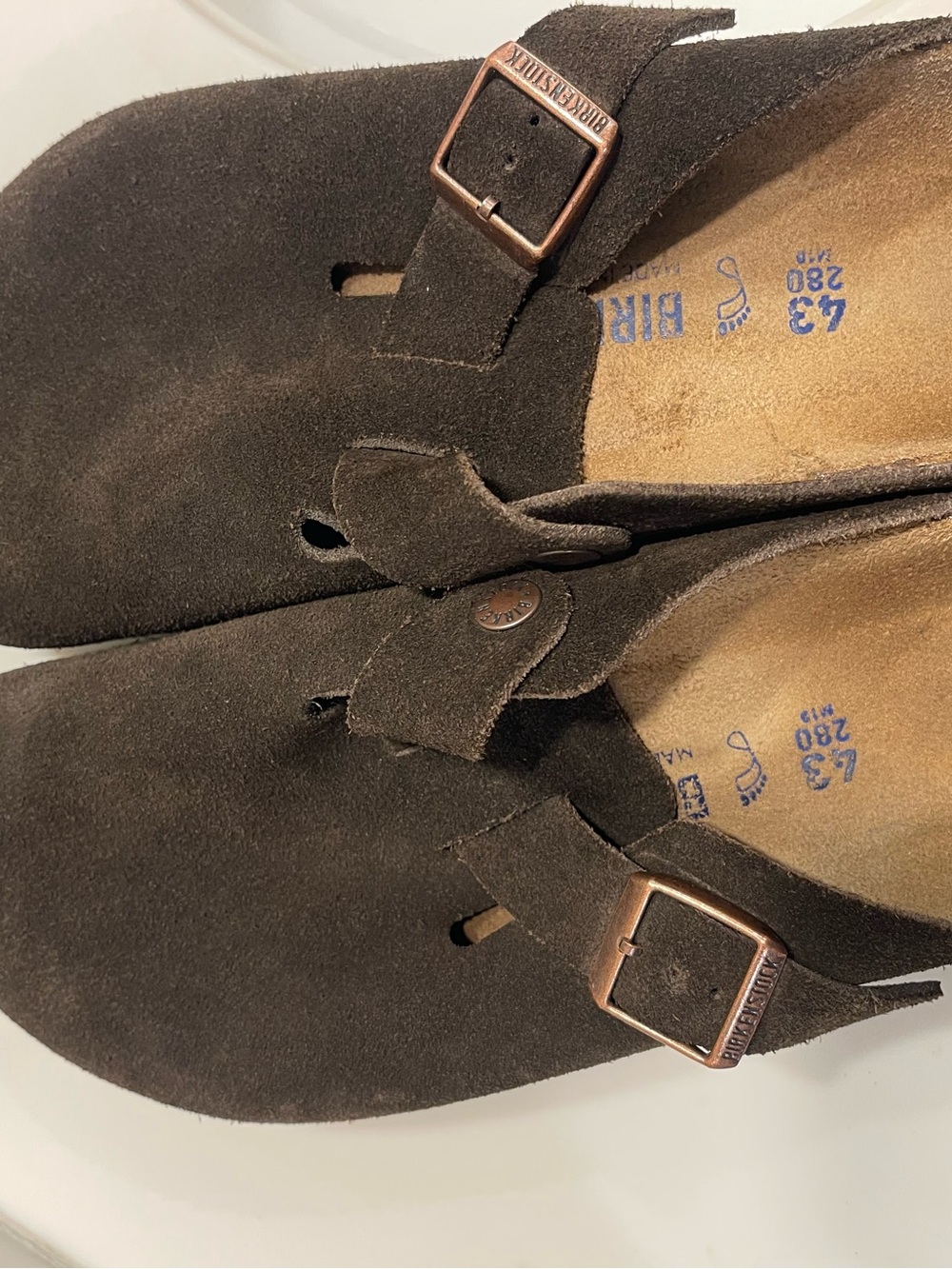 Birkenstock Boston Suede Clog in Dark Brown with Copper Buckles